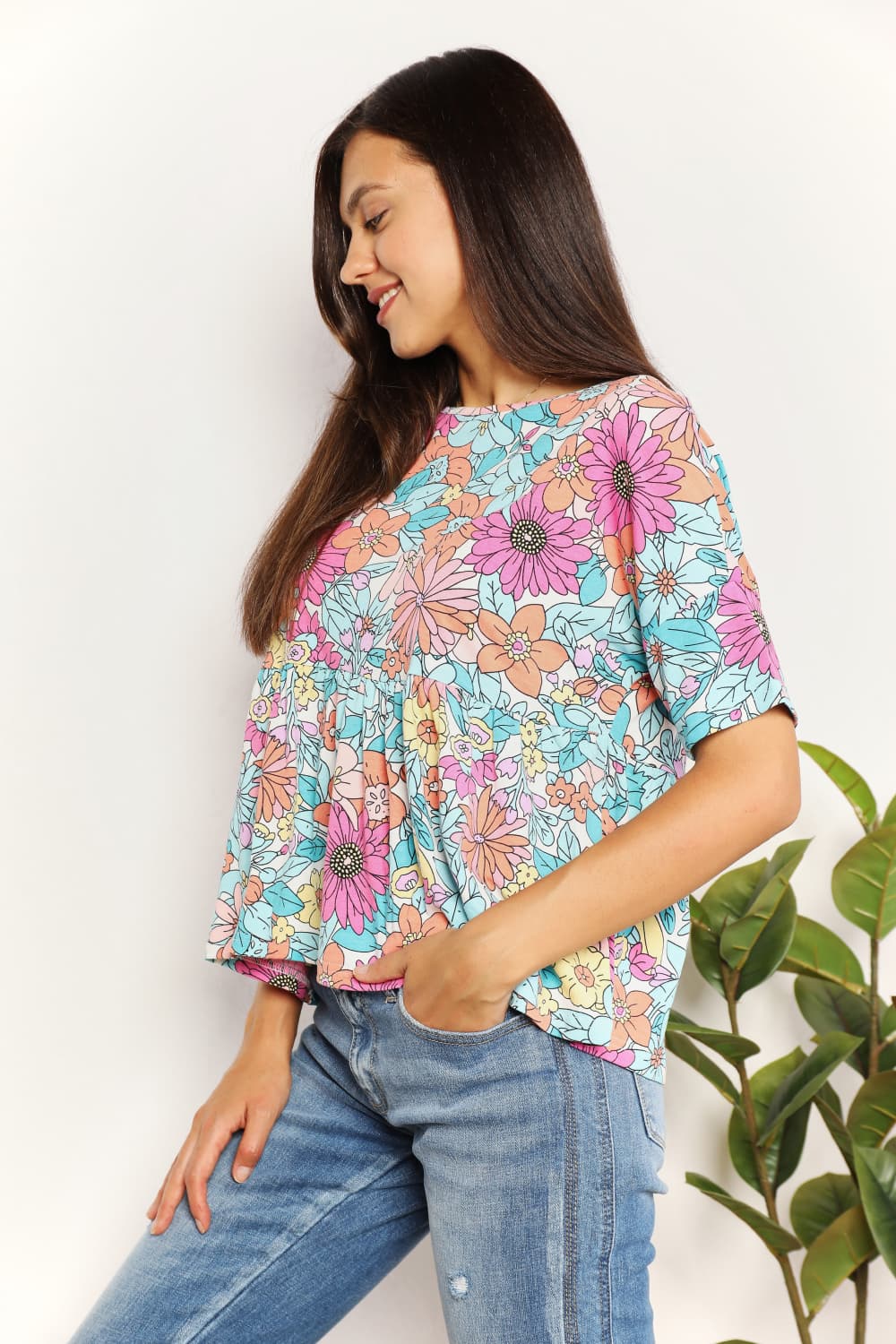 Honeybee Mumford's Floral Round Neck Babydoll Top