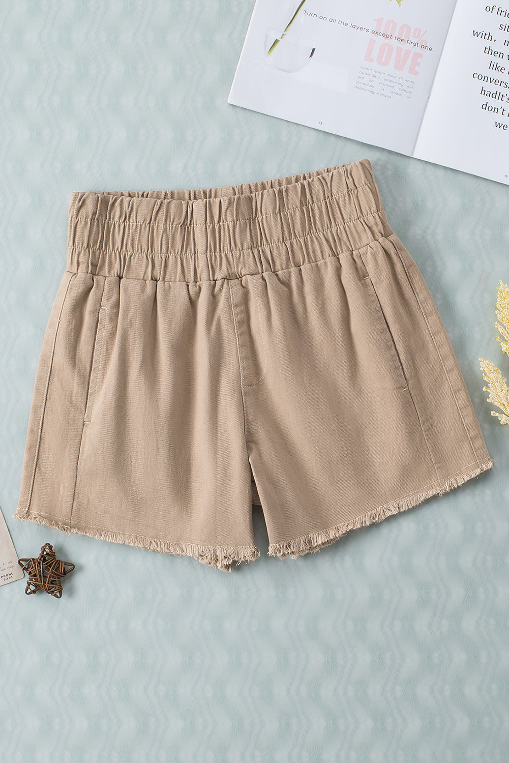 Honeybee Mumford's Khaki Smocked Elastic High Waist Casual Shorts