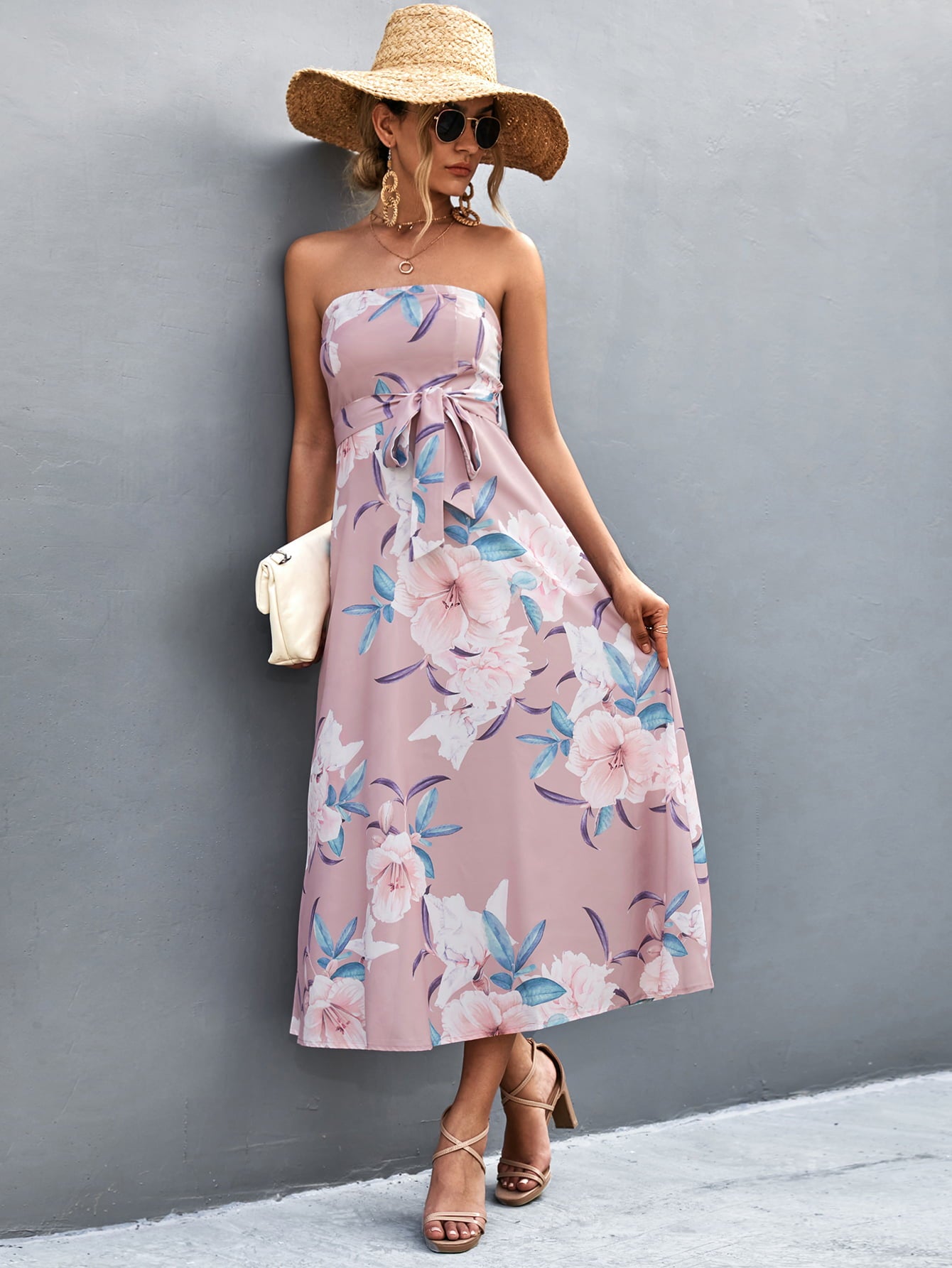 Honeybee Mumford's Floral Print Tie Waist Straight Neck Midi Dress