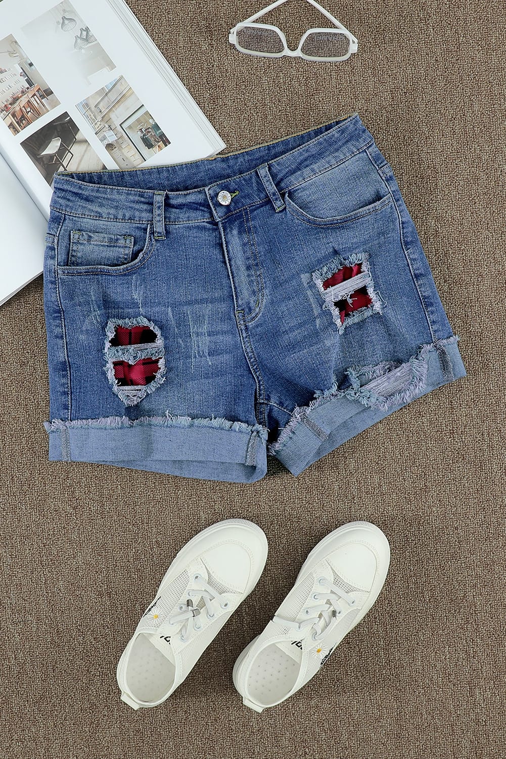 Honeybee Mumford's Plaid Patchwork Rolled Hem Denim Shorts