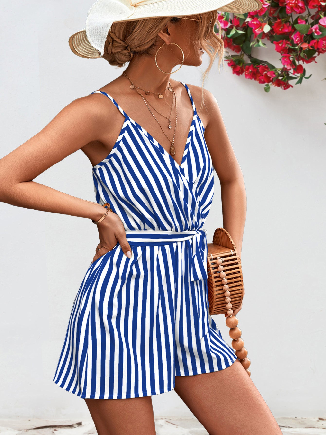 Honeybee Mumford's Striped Tie Waist Spaghetti Strap Romper