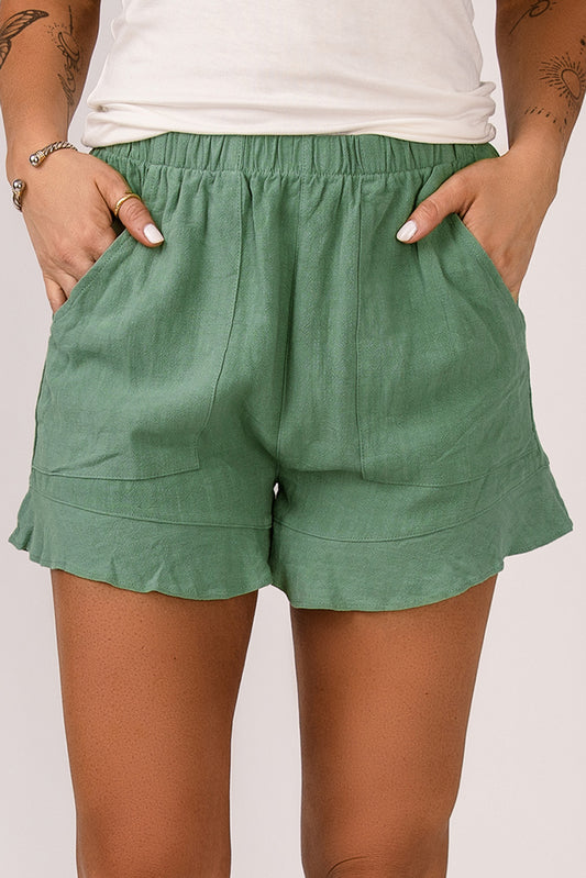 Honeybee Mumford's Green High Waist Pocketed Ruffle Shorts