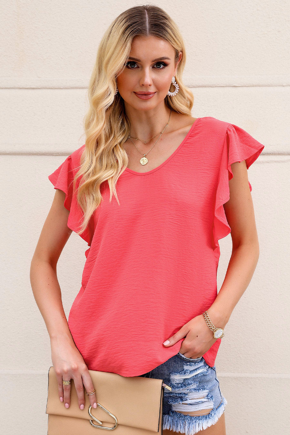 Honeybee Mumford's V-Neck Tied Flutter Sleeve Blouse