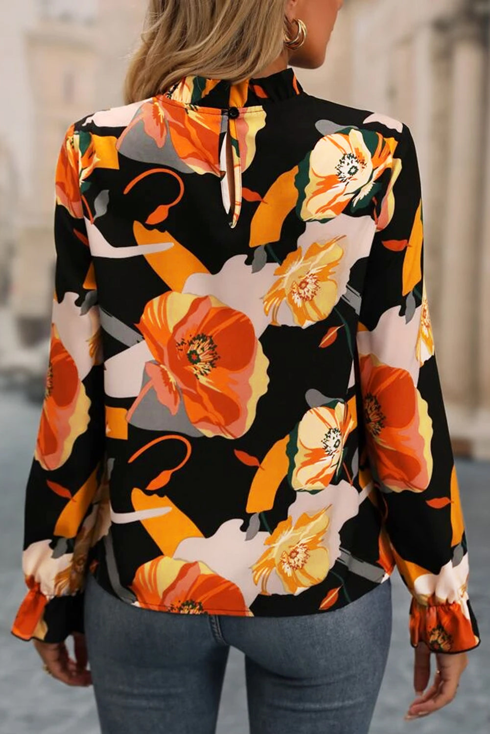 Honeybee Mumford's Floral Mock Neck Flounce Sleeve Blouse