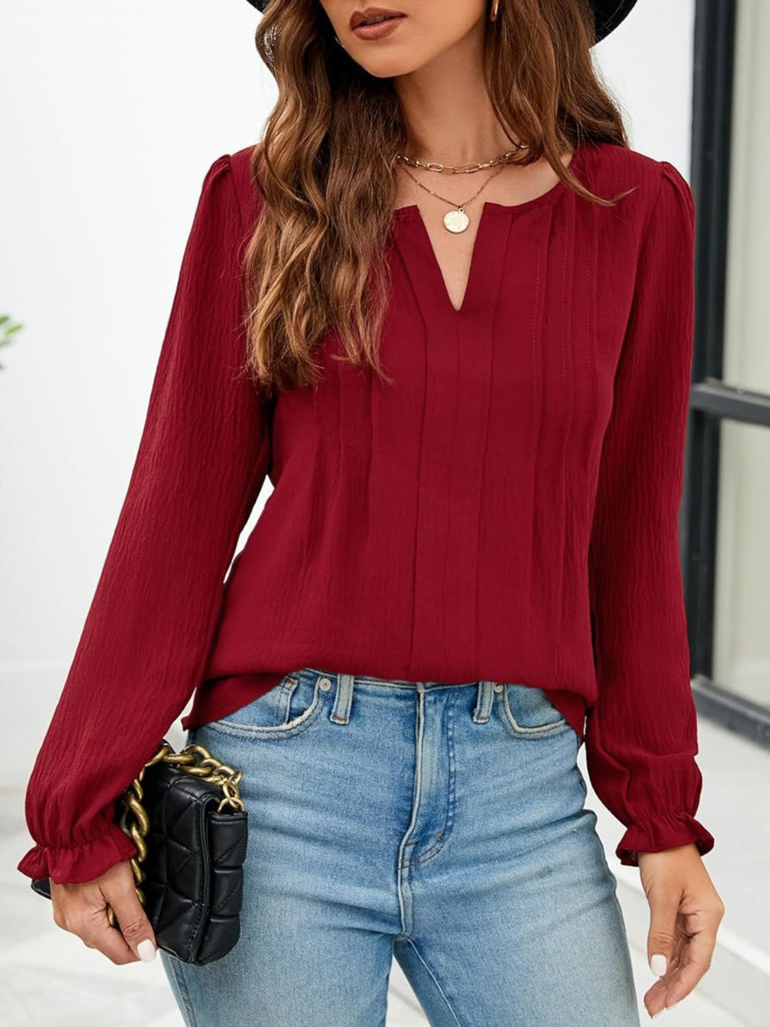 Honeybee Mumford's Notched Flounce Sleeve Blouse