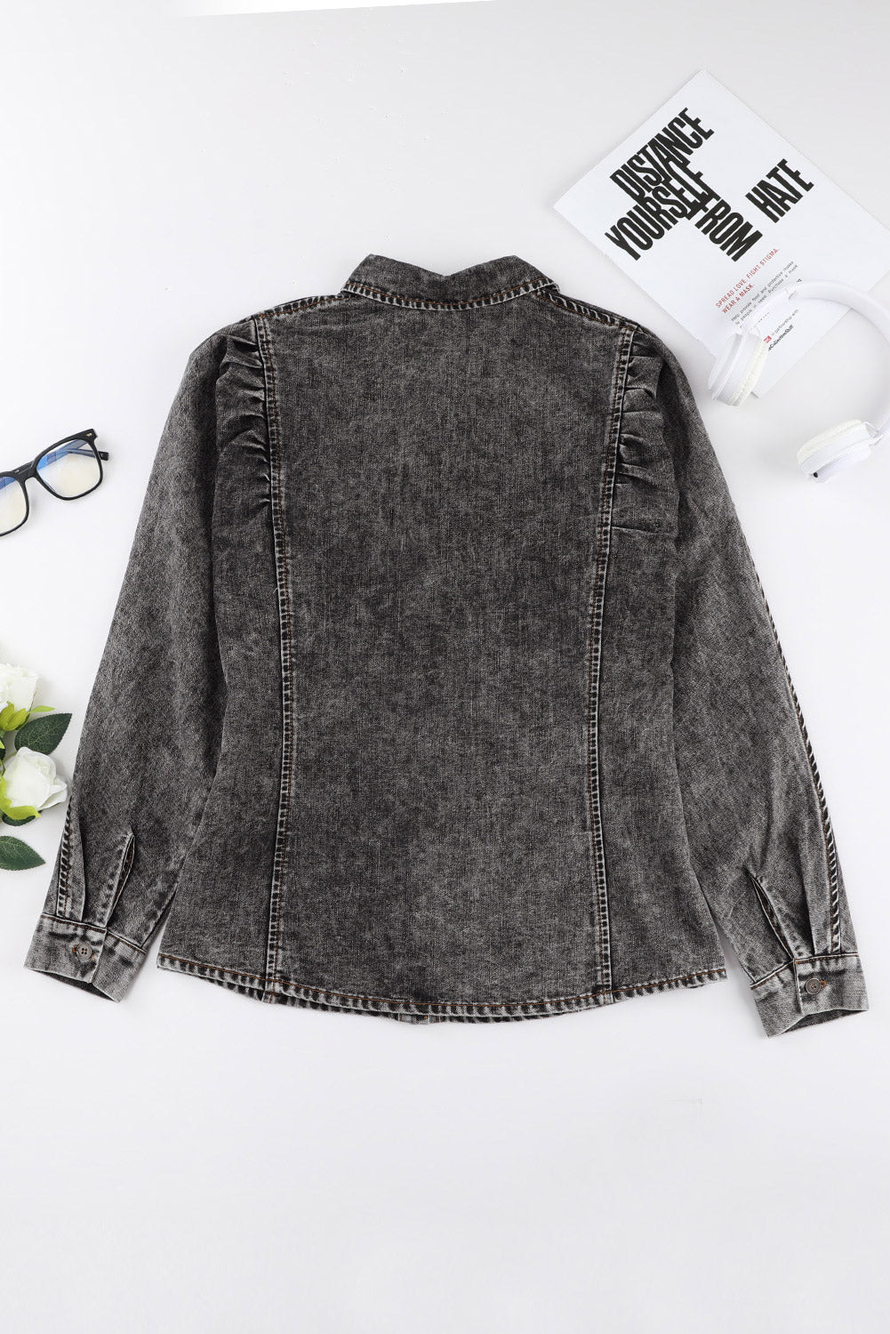 Honeybee Mumford's Black Puff Sleeve Button-Up Denim Jacket