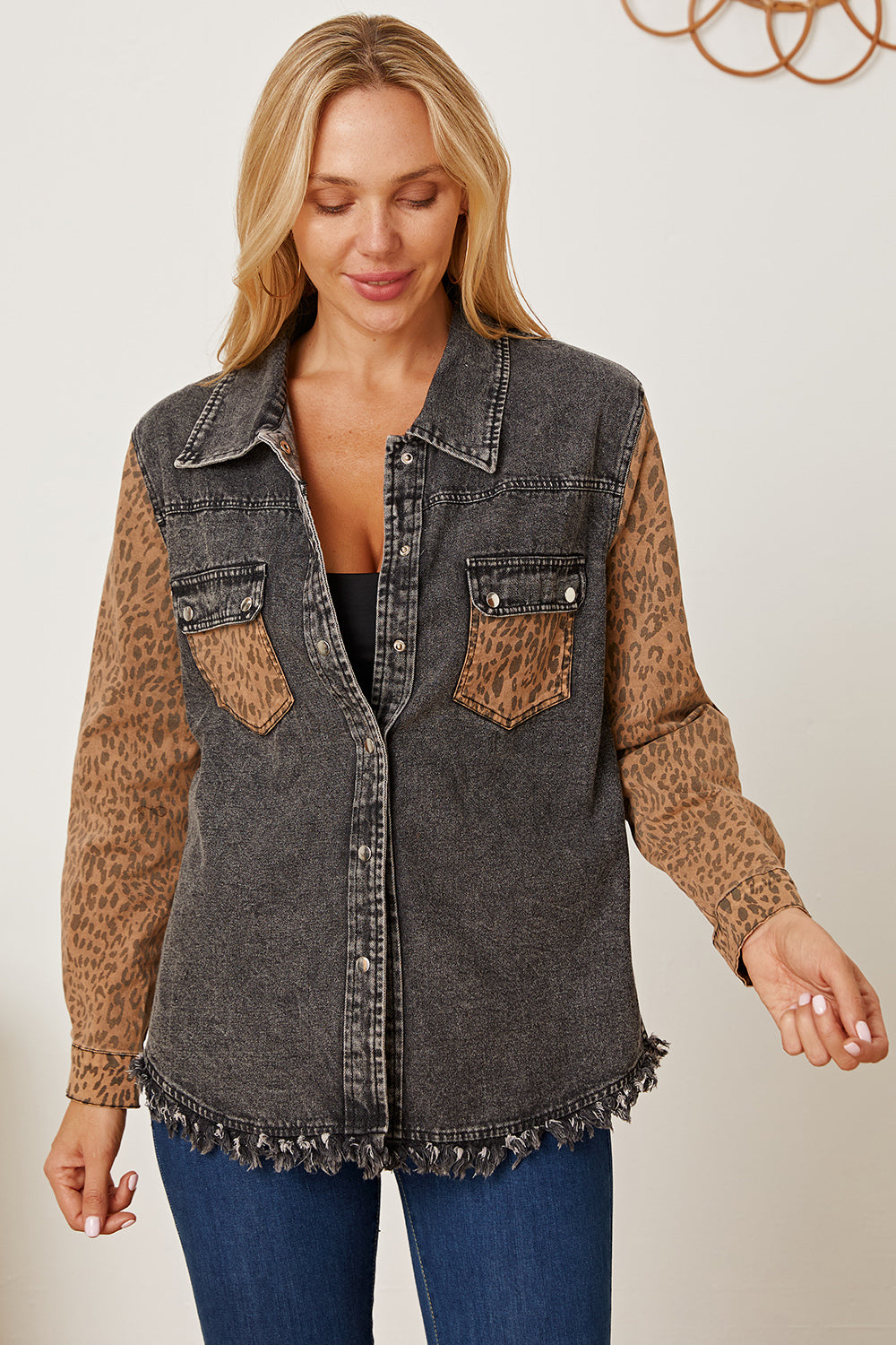 Honeybee Mumford's Leopard Raw Hem Pocketed Denim Jacket