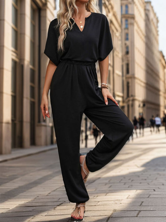 Honeybee Mumford's Notched Half Sleeve Straight Jumpsuit