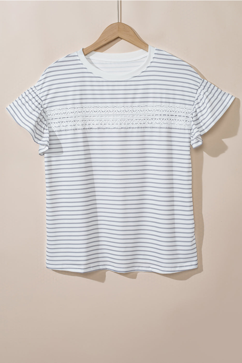 Honeybee Mumford's Light Grey Striped Lace Splicing Ruffle Sleeve T-shirt