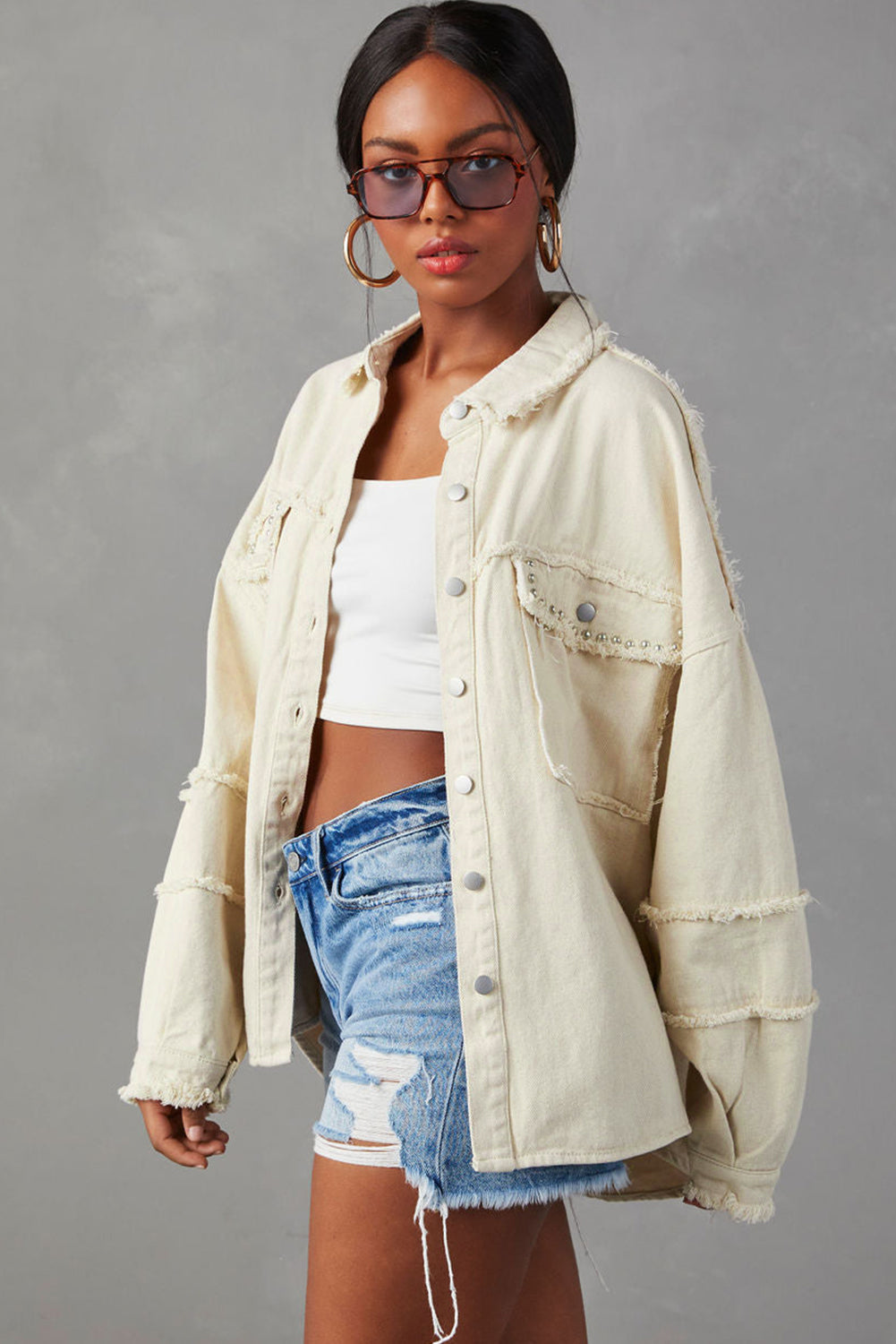 Honeybee Mumford's White Frayed Exposed Seam Denim Jacket