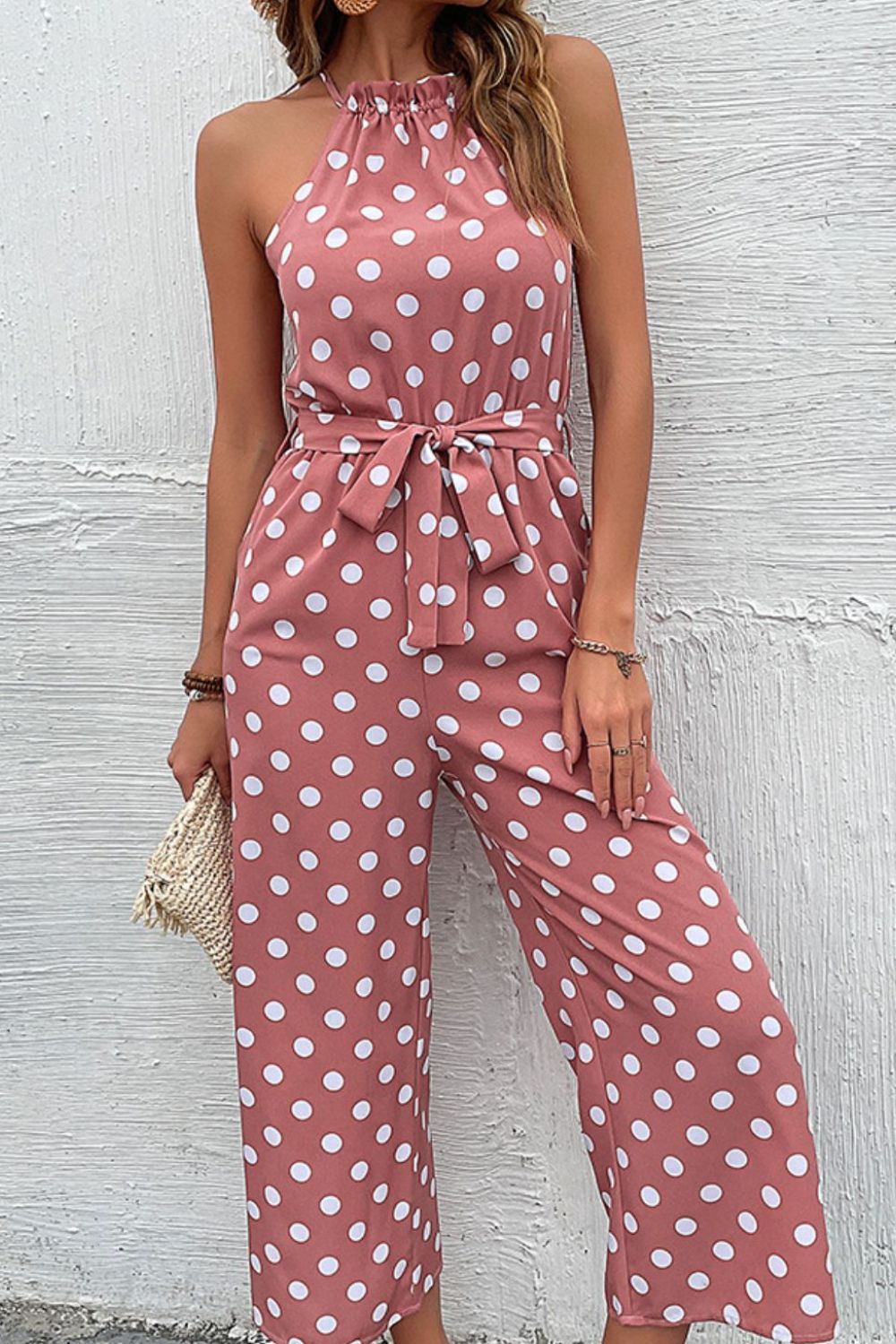 Honeybee Mumford's Polka Dot Grecian Wide Leg Jumpsuit