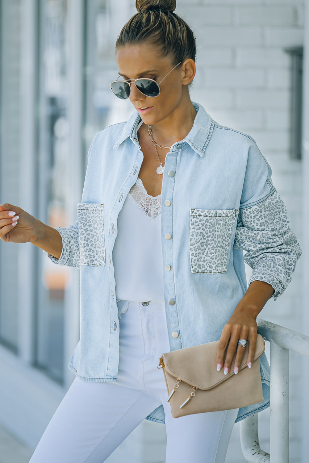 Honeybee Mumford's Sky Blue Contrast Leopard Denim Jacket