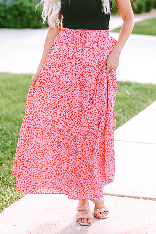 Honeybee Mumford's Pink Leopard Print Frilled Drawstring High Waist Maxi Skirt