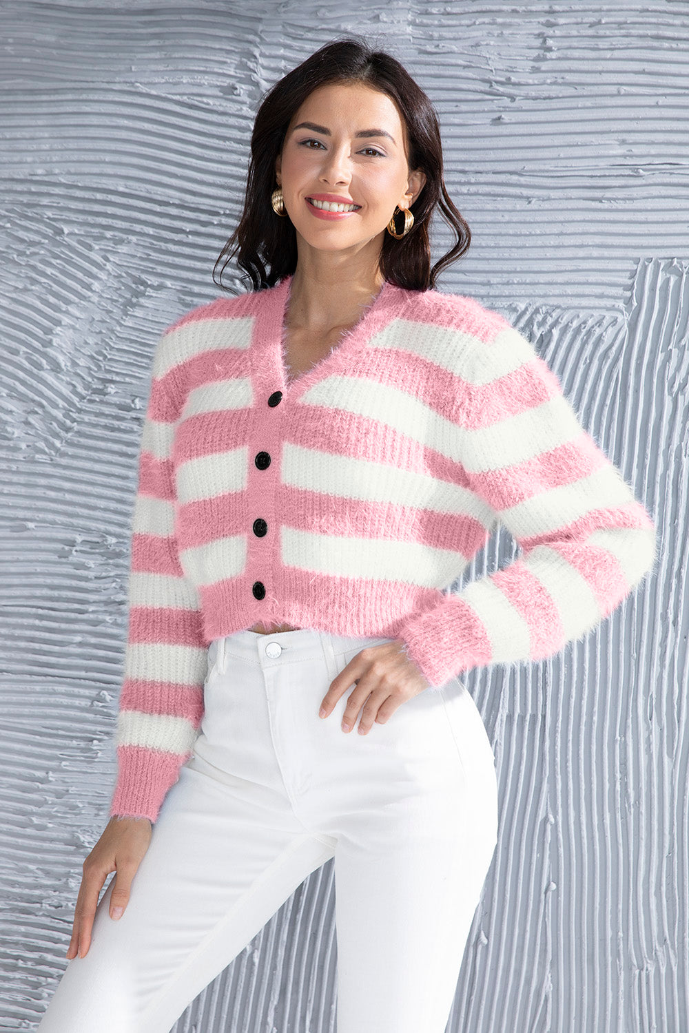 Honeybee Mumford's Striped Button Up Cropped Cardigan