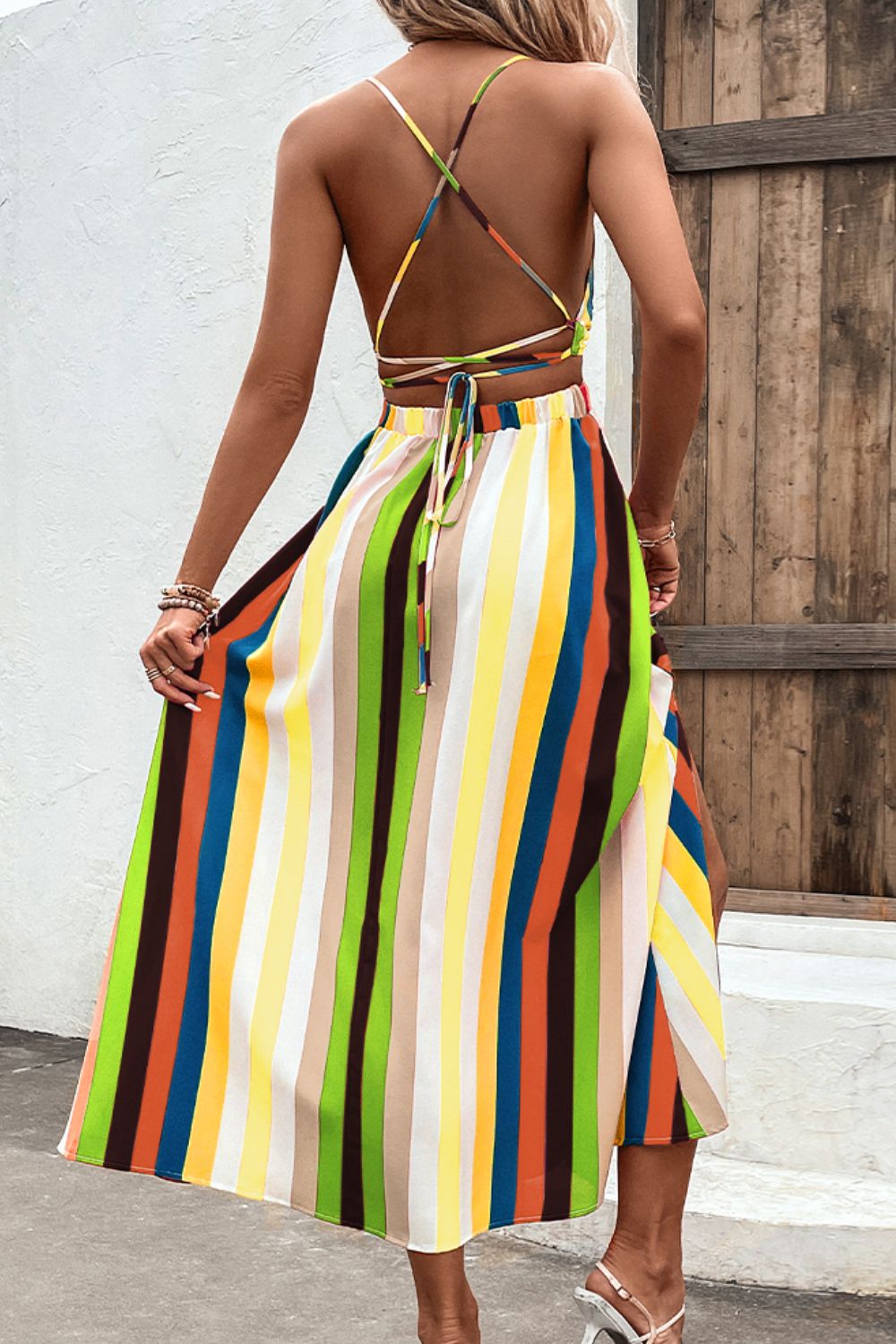 Honeybee Mumford's Multicolored Stripe Crisscross Backless Dress