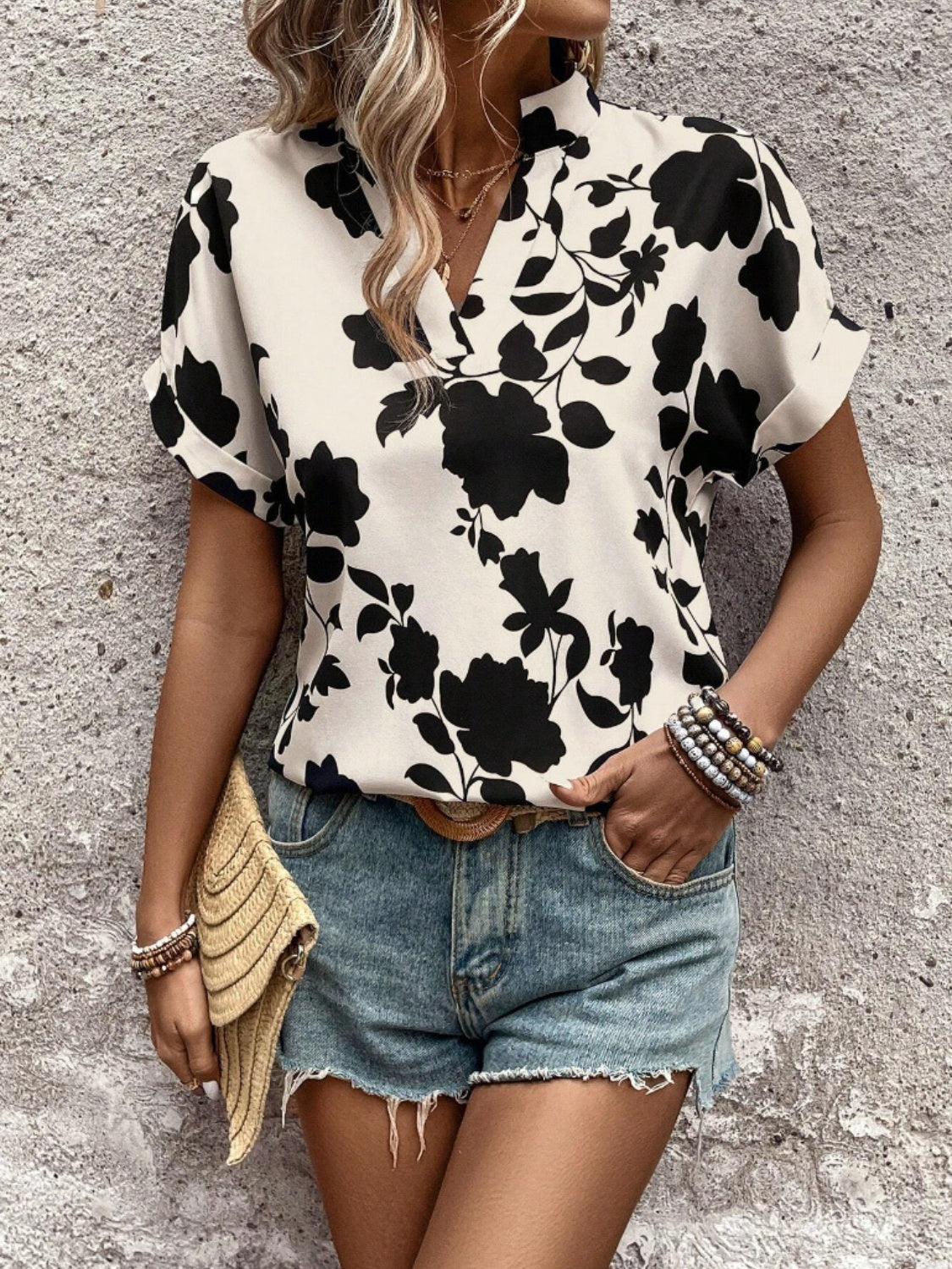 Honeybee Mumford's Flower Notched Short Sleeve Blouse