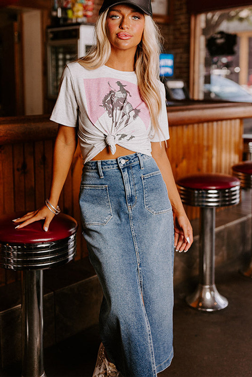 Honeybee Mumford's Sky Blue 4 Patch Pockets Front Slit Midi Denim Skirt