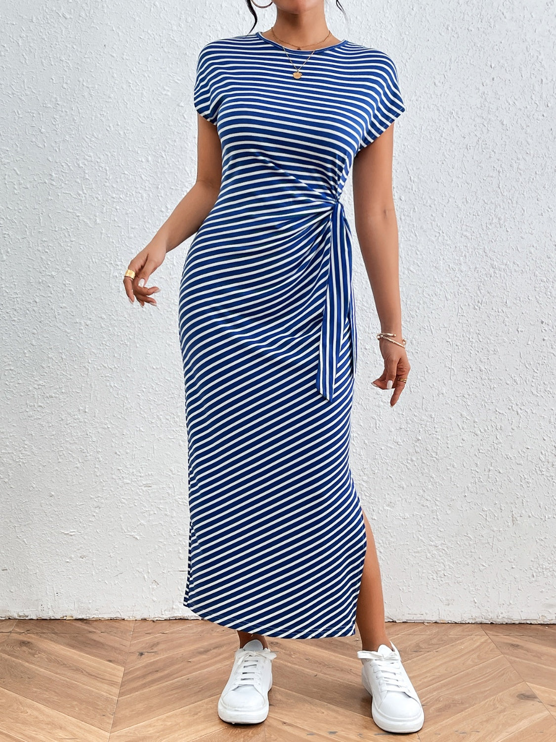 Honeybee Mumford's Tied Striped Round Neck Short Sleeve Tee maxi Dress