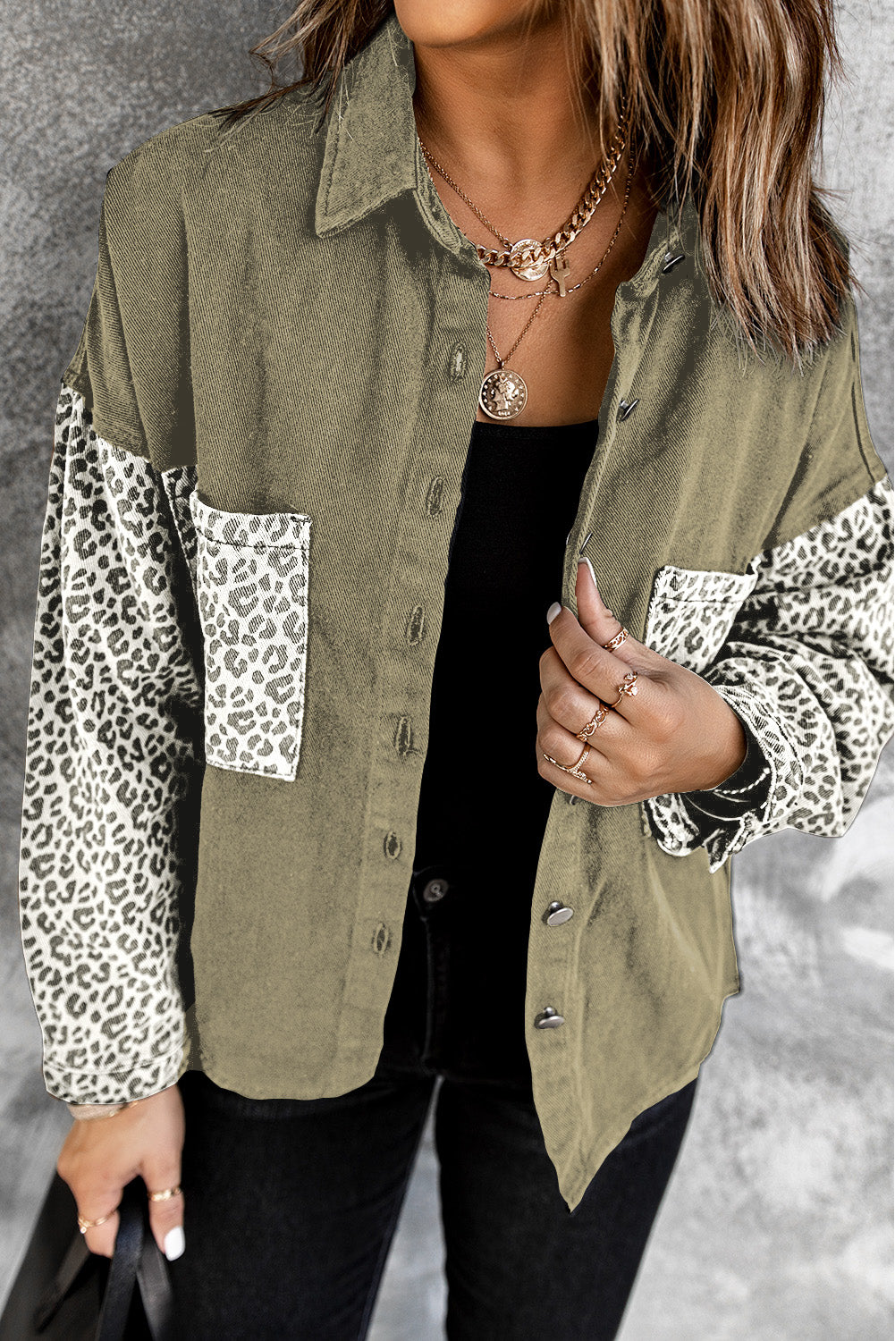 Honeybee Mumford's Contrast Leopard Denim Jacket