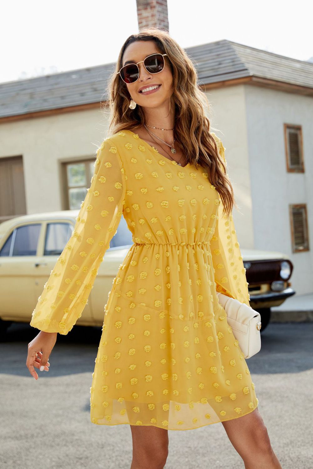 Honeybee Mumford's Swiss Dot V-Neck Lantern Sleeve Mini Dress