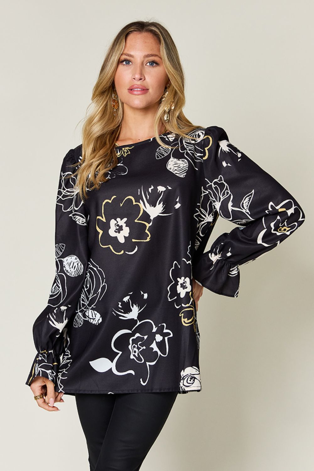 Honeybee Mumford's Full Size Printed Flounce Sleeve Blouse