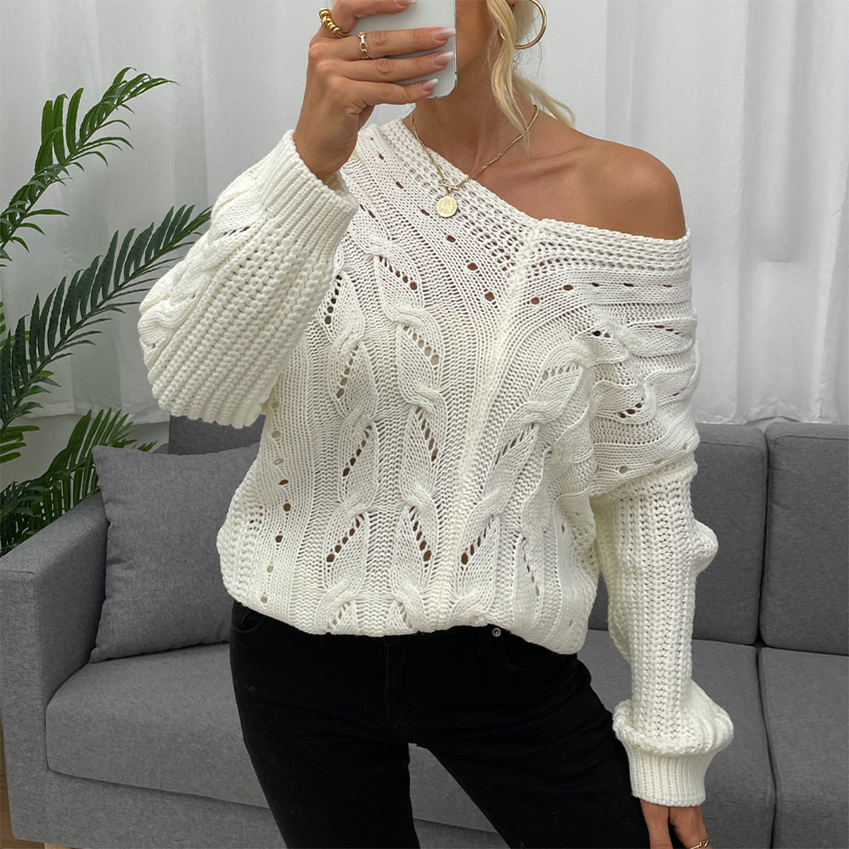 Honeybee Mumford's Openwork V-Neck Long Sleeve Sweater