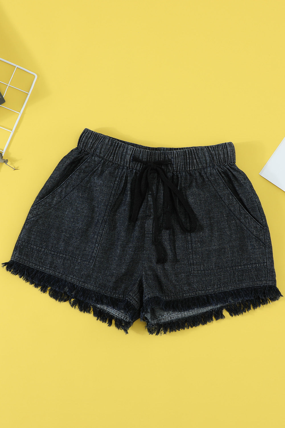 Honeybee Mumford's Black Casual Pocketed Frayed Denim Shorts