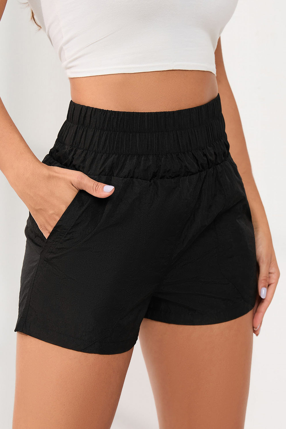 Honeybee Mumford's Black Elastic High Waist Side Pockets Shorts