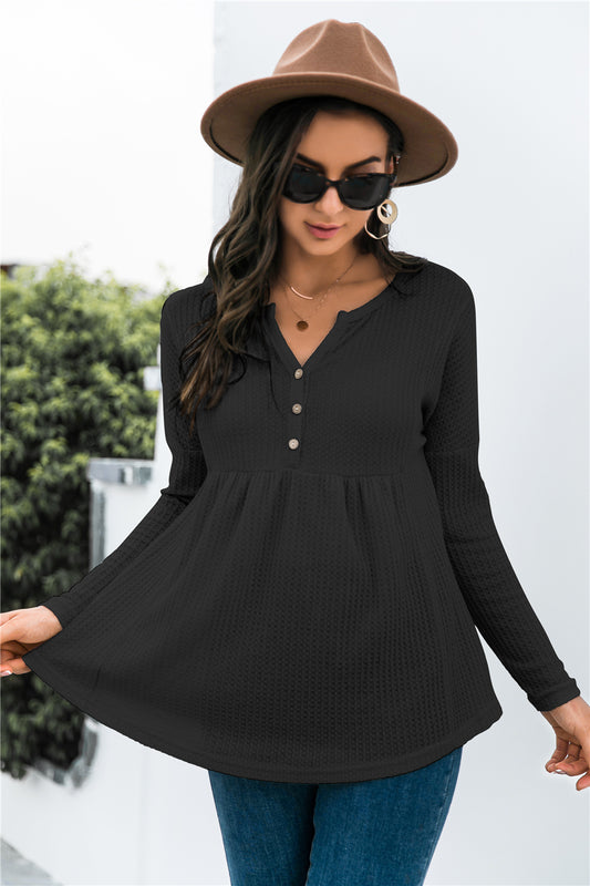 Honeybee Mumford's Front Button Waffle Knit Babydoll Top in Black, Army Green and Apricot