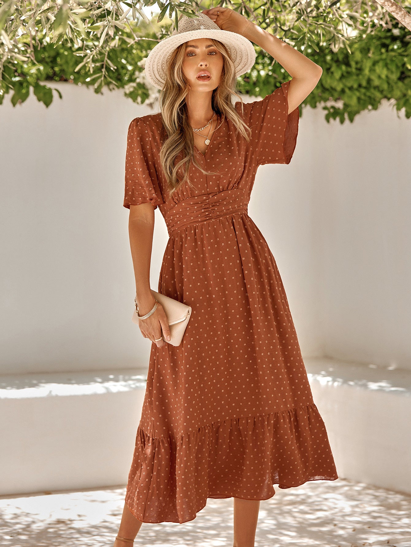 Honeybee Mumford's Swiss Dot V-Neck Ruffle Hem Dress