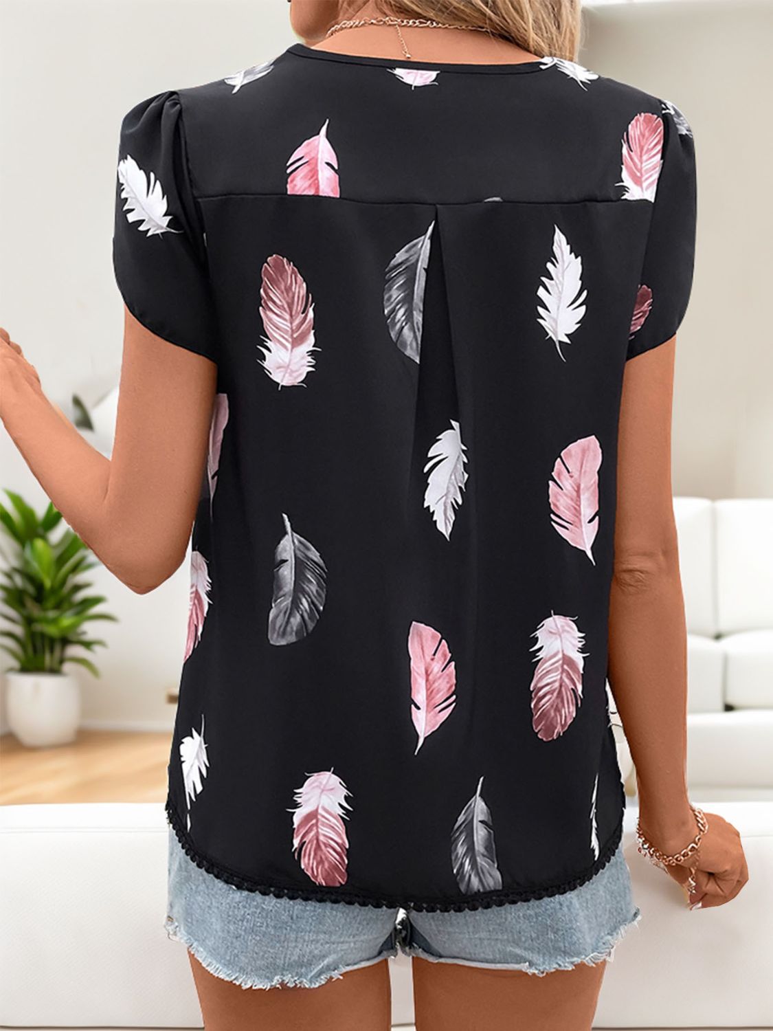 Honeybee Mumford's Printed V-Neck Short Sleeve Blouse