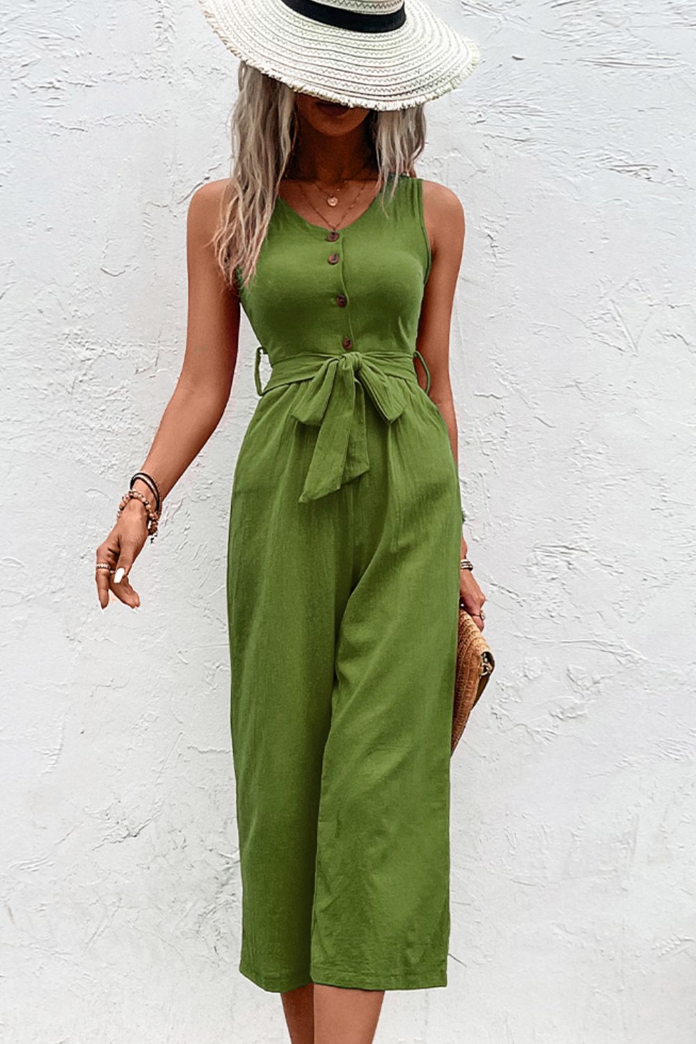 Honeybee Mumford's Tie Belt Sleeveless Jumpsuit with Pockets