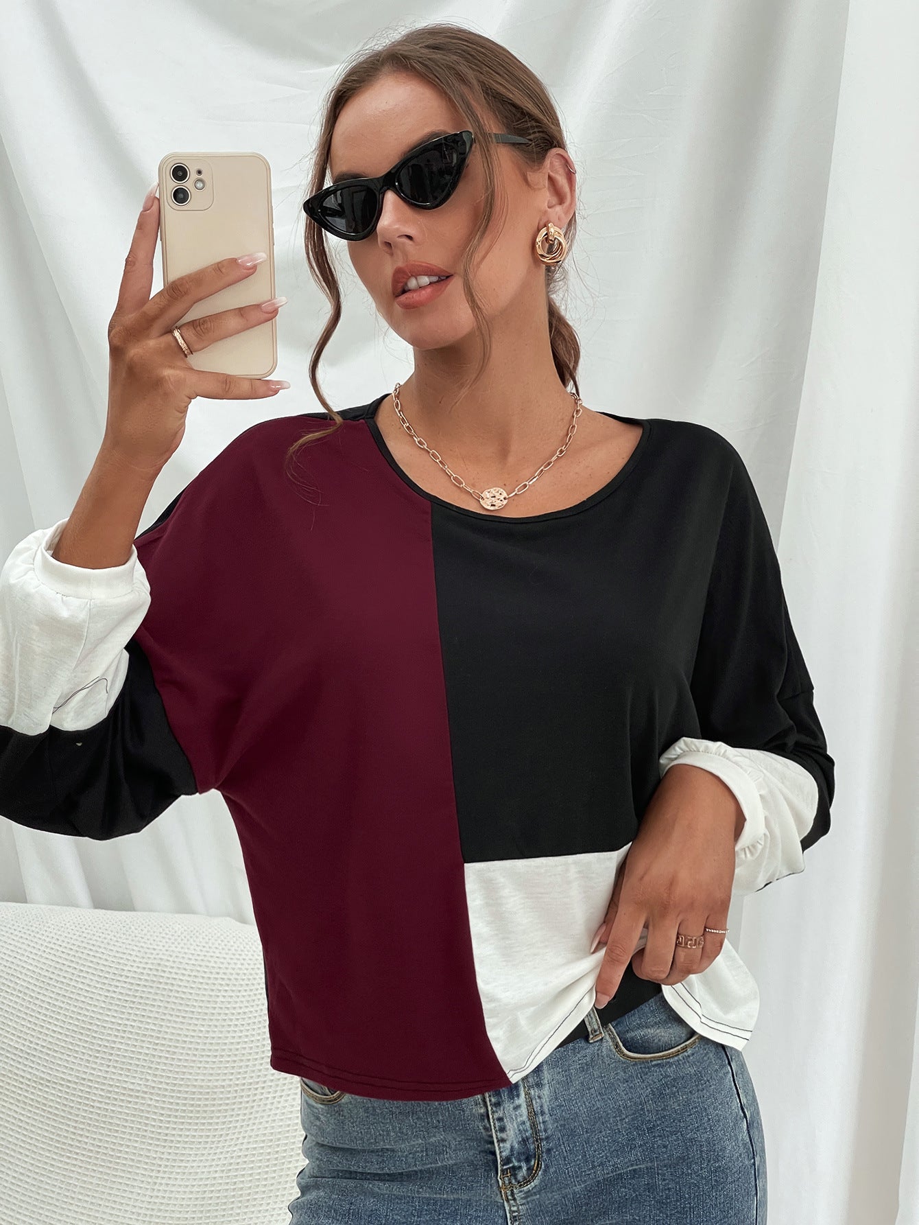 Honeybee Mumford's Three-Tone Color Block Dropped Shoulder Long Sleeve Tee