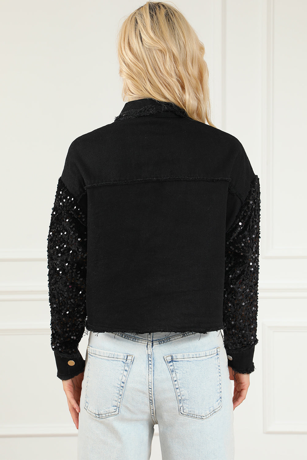 Honeybee Mumford's Sequin Button Up Raw Hem Denim Jacket