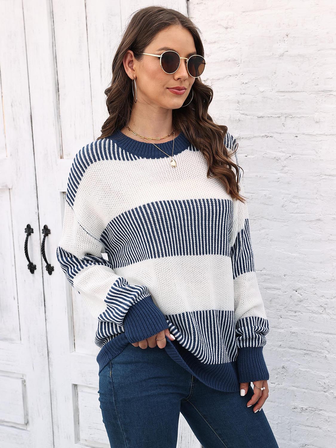 Honeybee Mumford's Full Size Round Neck Drop Shoulder Sweater