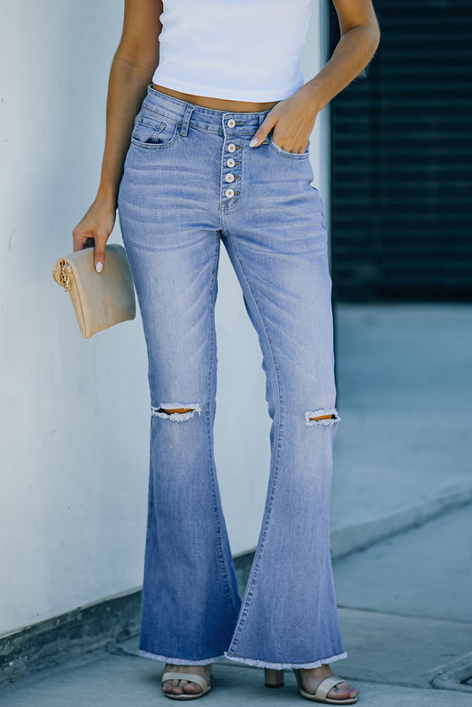 Honeybee Mumford's Sky Blue High Rise Distressed Bell Bottom Denims