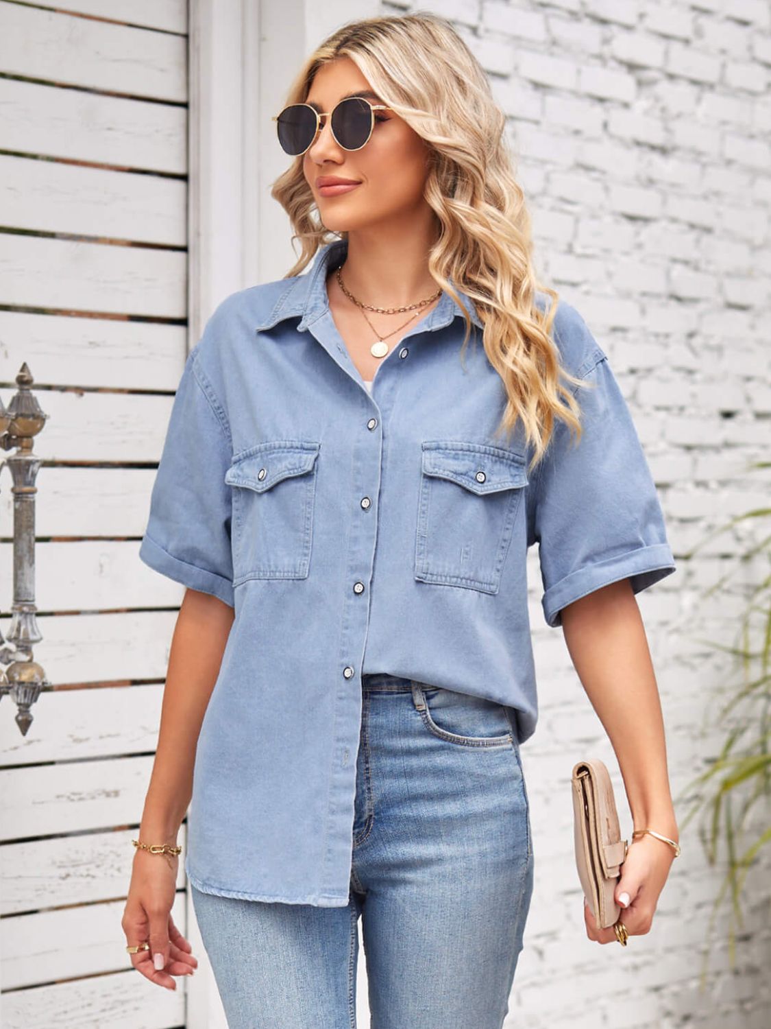 Honeybee Mumford's Collared Neck Short Sleeve Denim Jacket