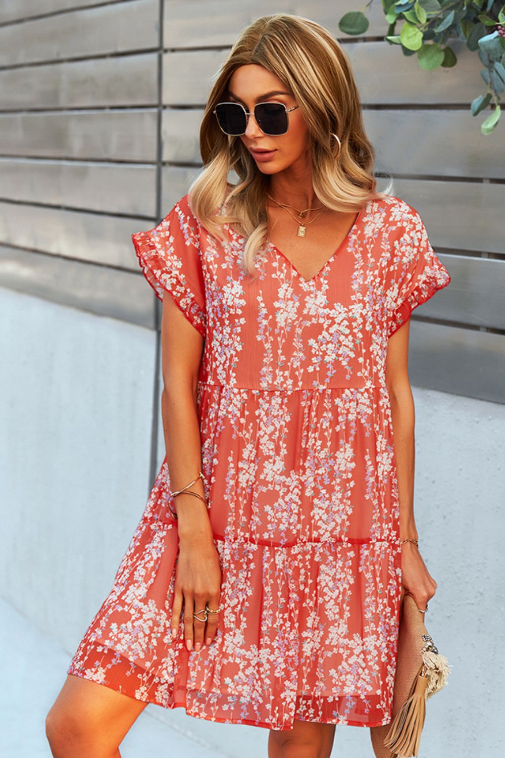 Honeybee Mumford's Printed V-Neck Short Sleeve Tiered Dress