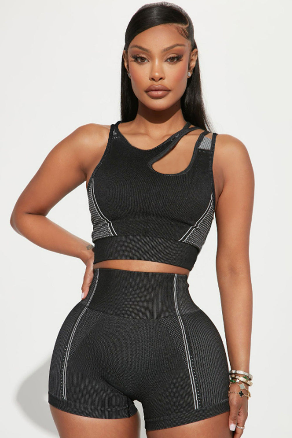 Honeybee Mumford's Black Strappy Mix Pattern Cutout Bra and Shorts Set