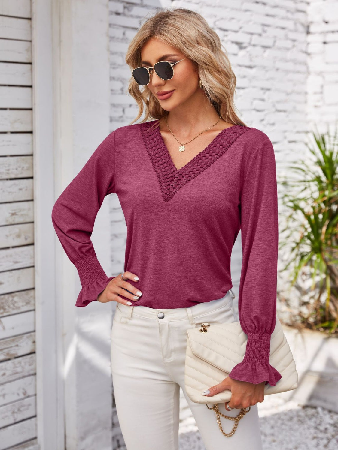 Honeybee Mumford's Smocked V-Neck Long Sleeve Blouse