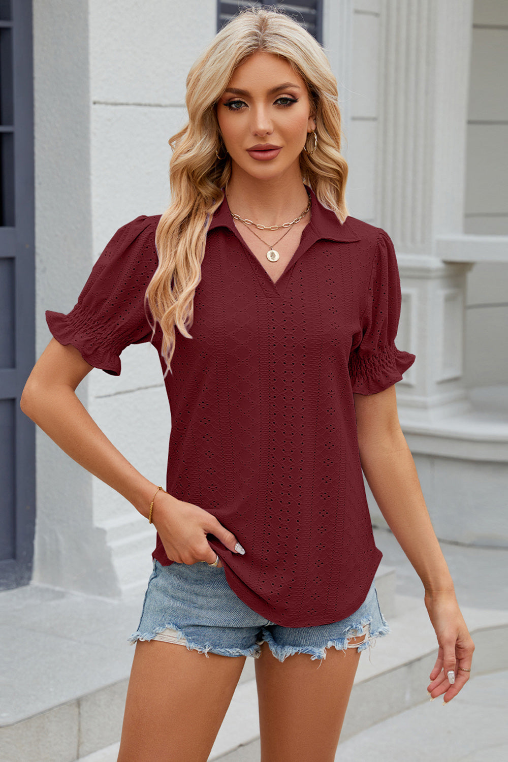 Honeybee Mumford's Eyelet Johnny Collar Short Sleeve Blouse