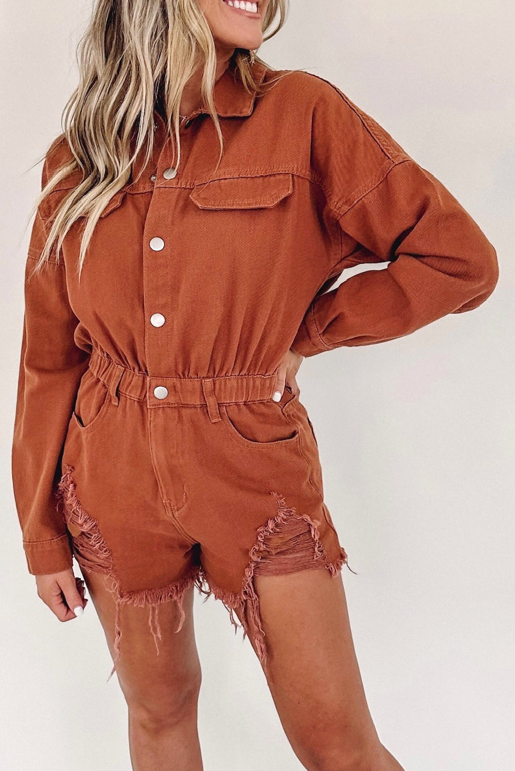 Honeybee Mumford's Gold Flame Long Sleeve Snap Buttons Distressed Denim Romper