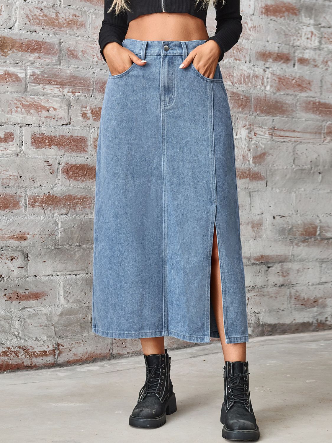 Honeybee Mumford's Slit High Waist Denim Skirt with Pockets