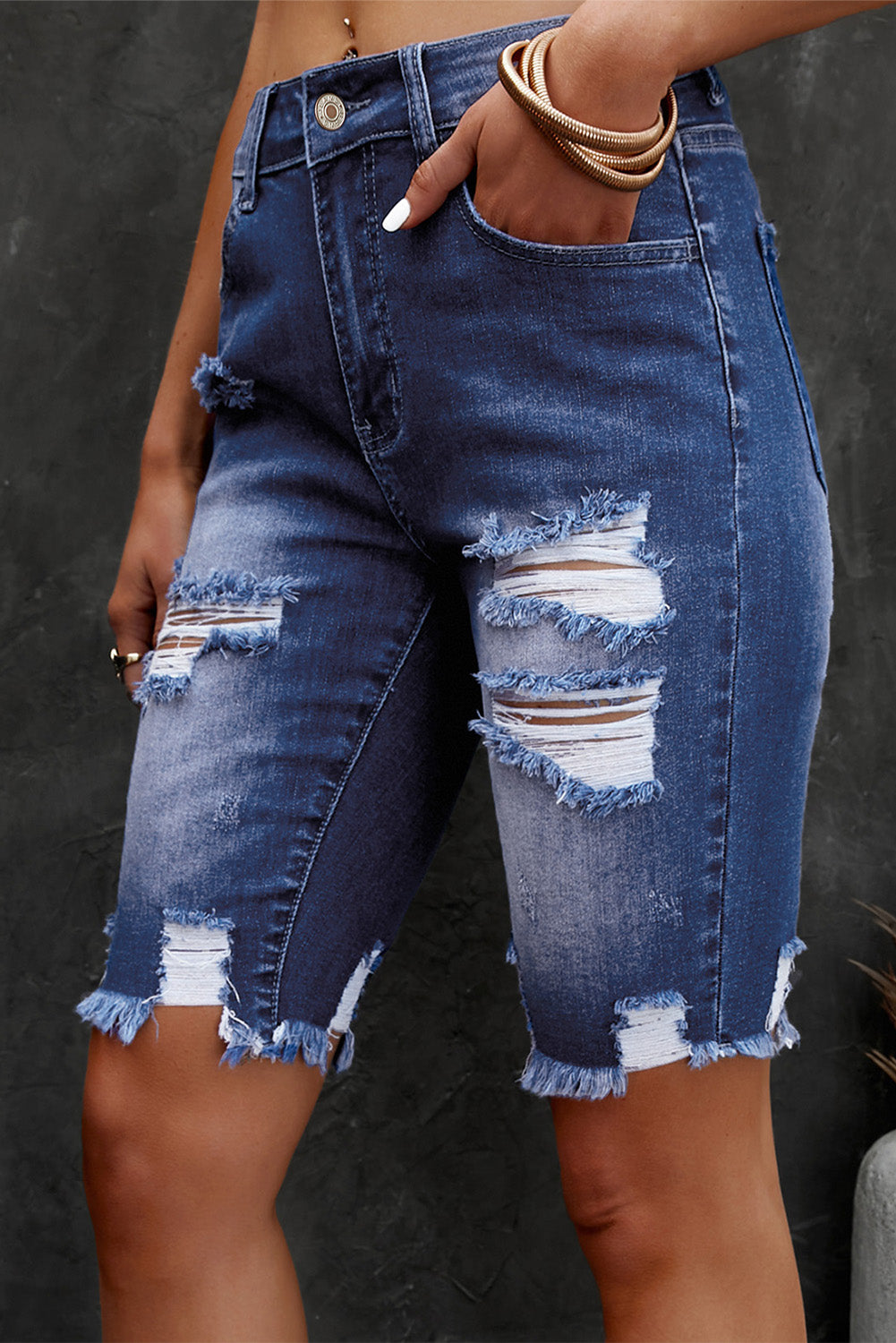 Honeybee Mumford's Distressed Frayed Hem Denim Bermuda Shorts