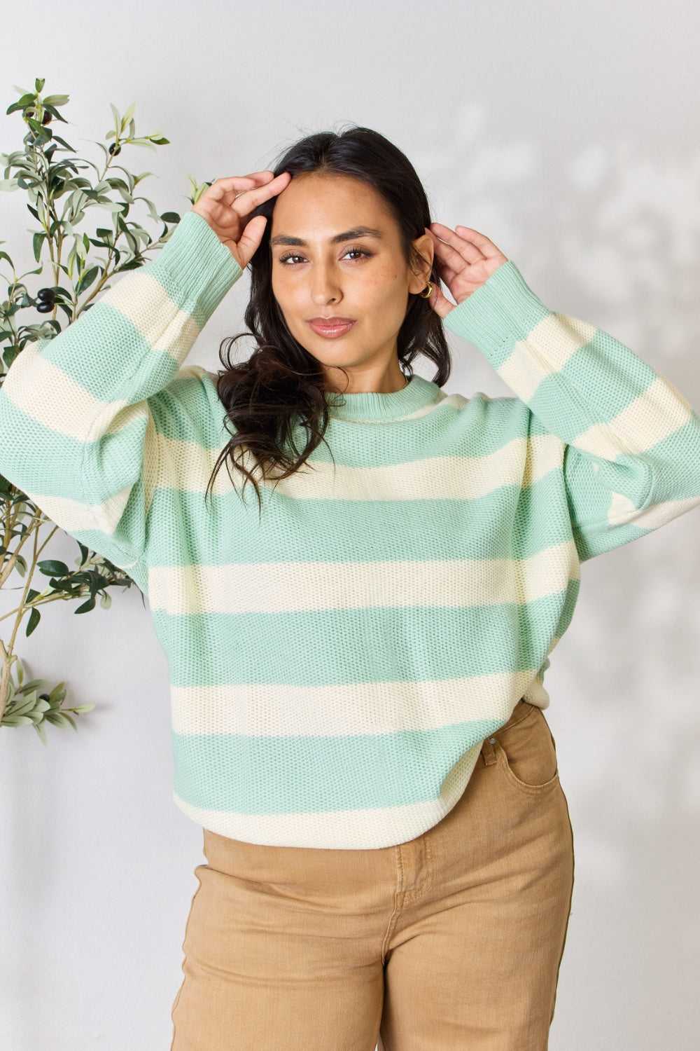 Honeybee Mumford's Sew In Love Full Size Contrast Striped Round Neck Sweater