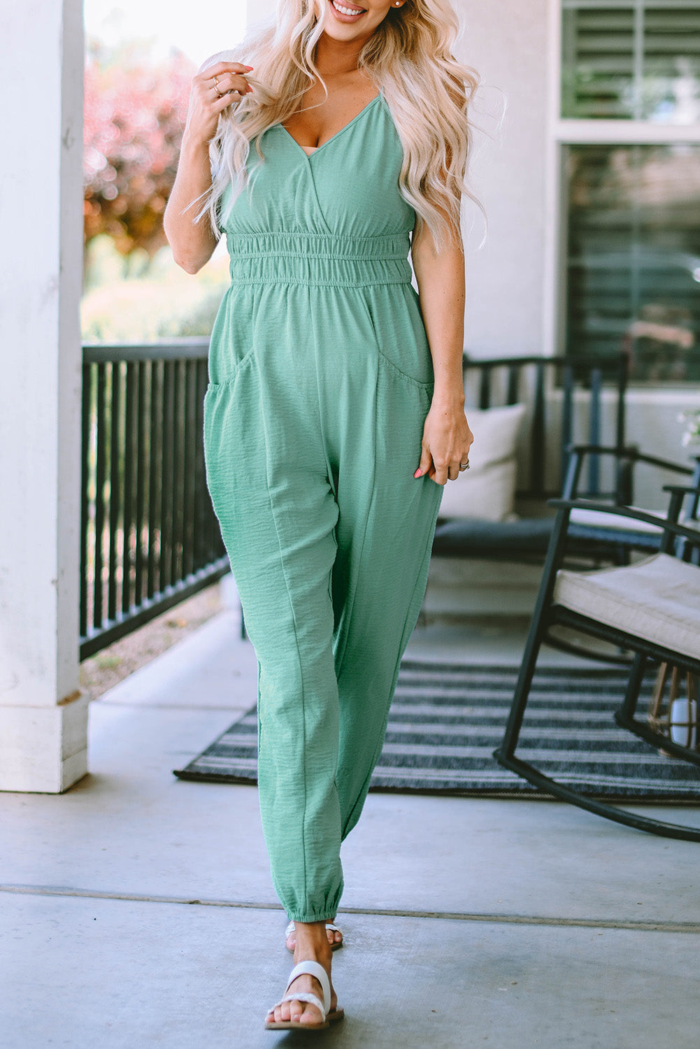 Honeybee Mumford's Green Shirred High Waist Sleeveless V Neck Jumpsuit