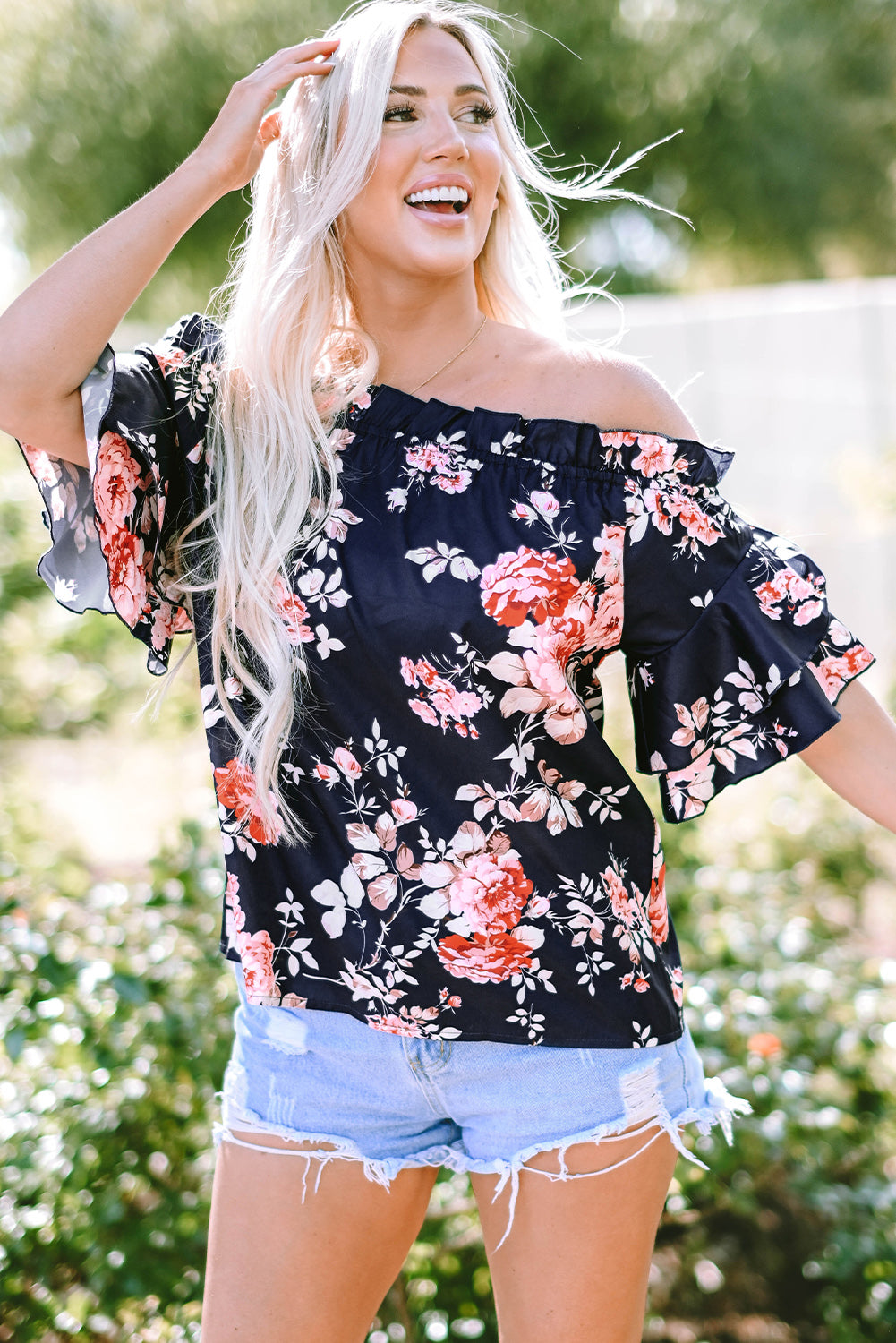 honeybee Mumford's Blue Ruffle Off Shoulder Flounce Sleeve Floral Blouse