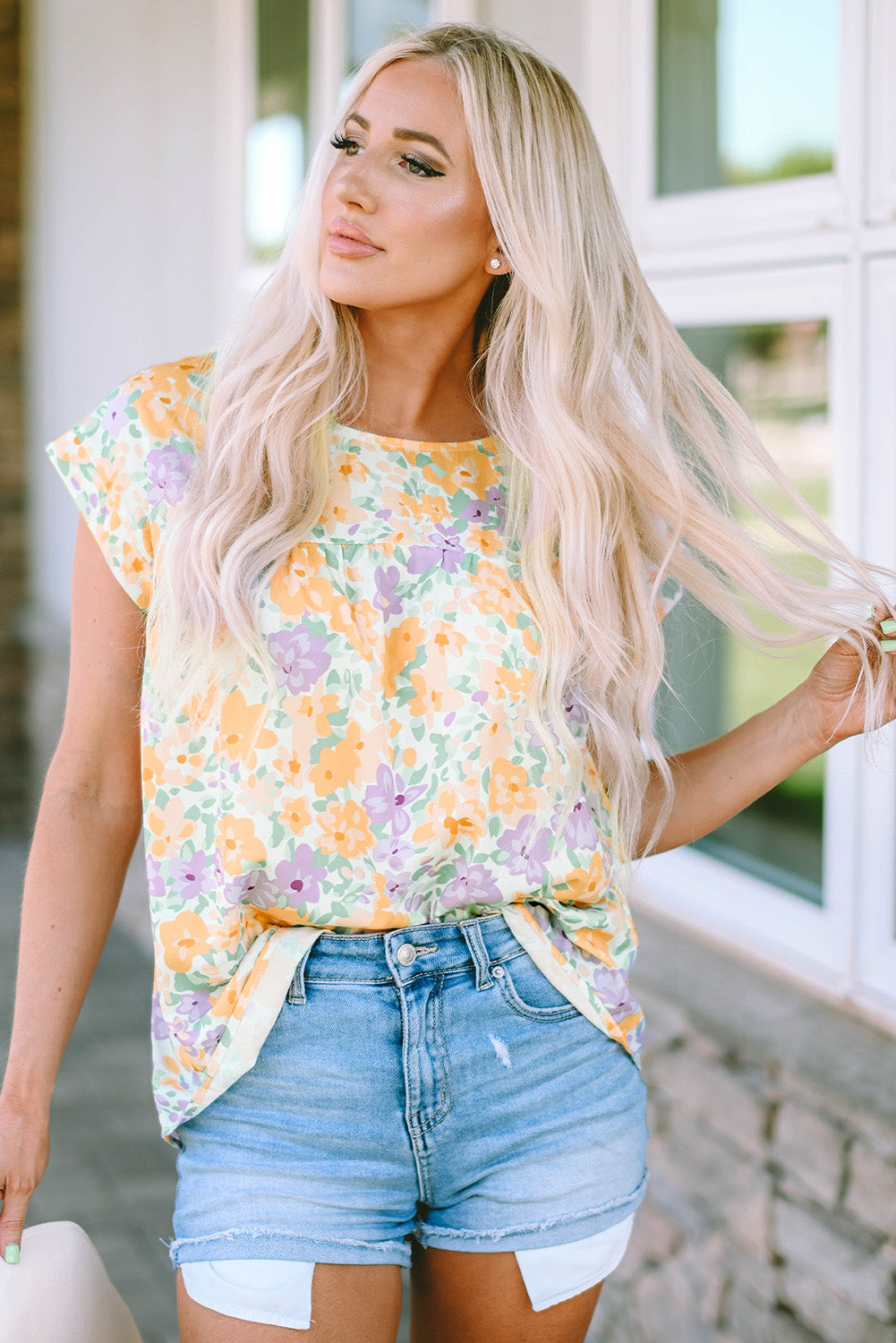 Honeybee Mumford's Printed Round Neck Cap Sleeve Blouse