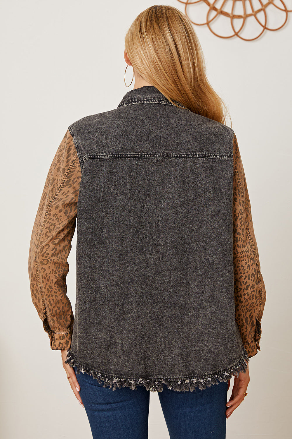 Honeybee Mumford's Leopard Raw Hem Pocketed Denim Jacket