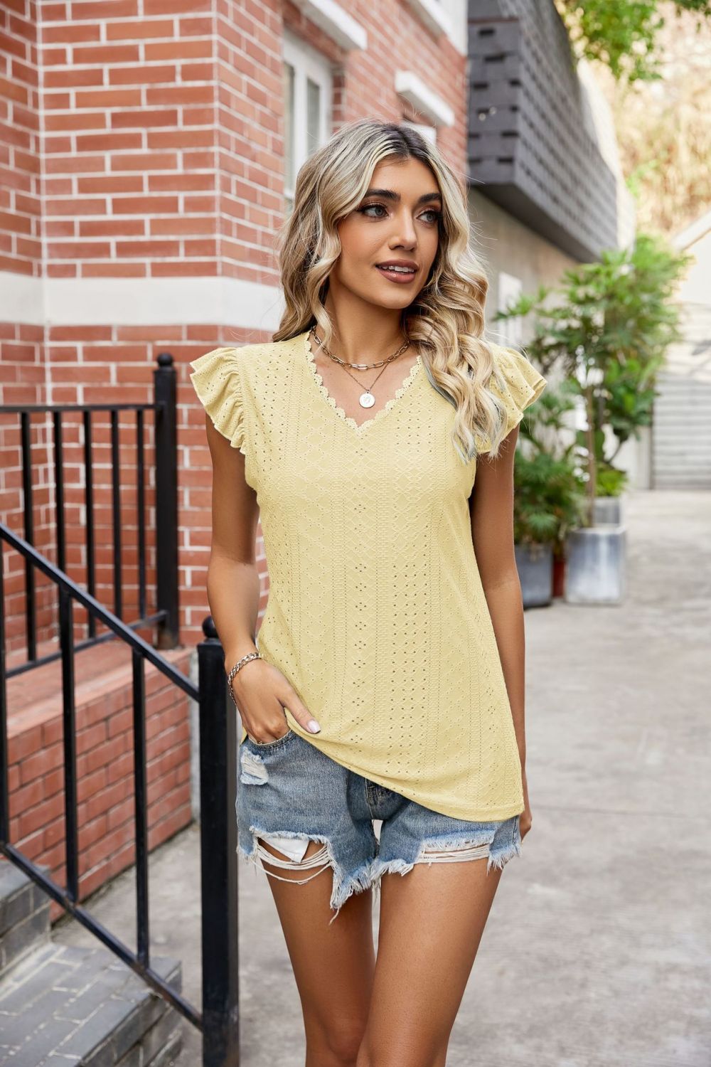 Honeybee Mumford's Eyelet Flutter Sleeve Scalloped V-Neck Top